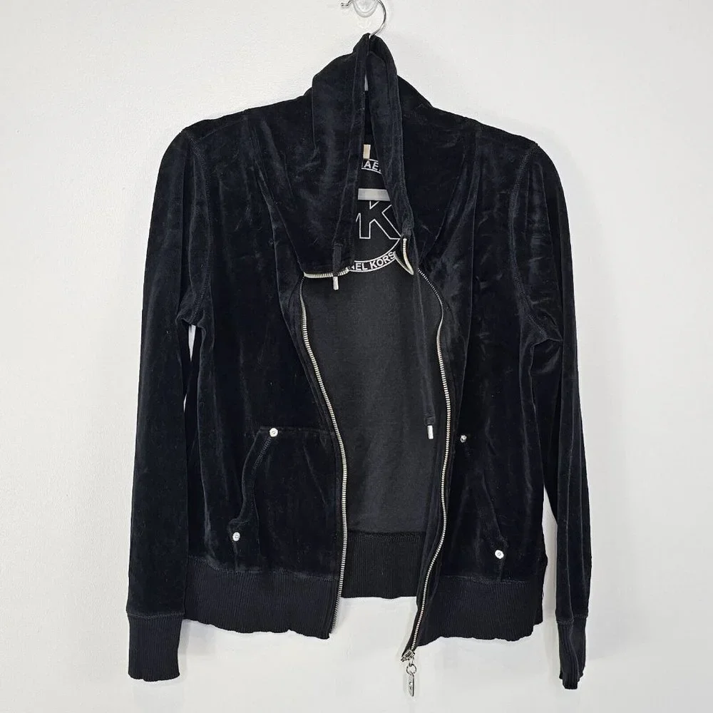 Michael Kors Womens Velour Zip Sweatshirt Jacket Size Medium Black Velvet